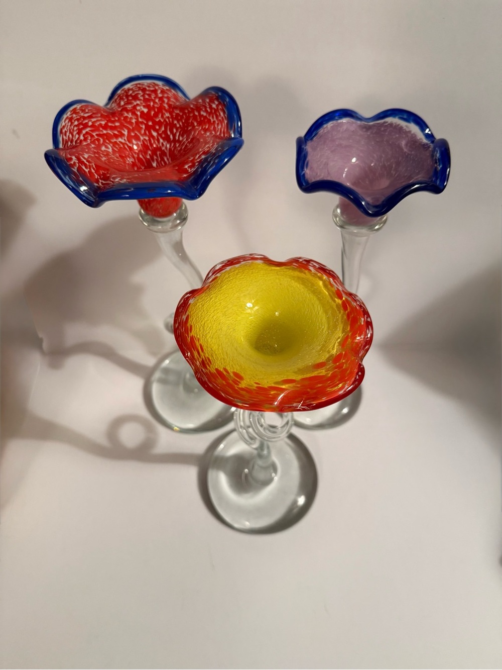 3 Vintage Polish Hand Blown Glass Flower Candlestick Holders